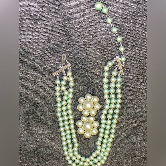❤️Vintage Green Three Strand Pearls Clip on Earrings Classic Japan - Picture 1 of 8